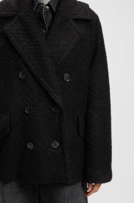 Boxy-fit Caban coat with boucl&eacute; texture, Black