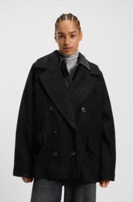 Boxy-fit Caban coat with boucl&eacute; texture, Black