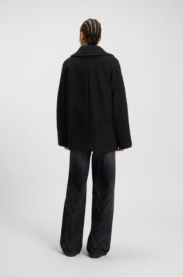 Boxy-Fit Caban-Mantel mit Boucl&eacute;-Struktur, Schwarz