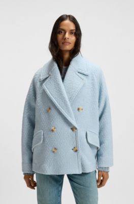 Cappotto caban con linea squadrata e lavorazione boucl&eacute;, Celeste