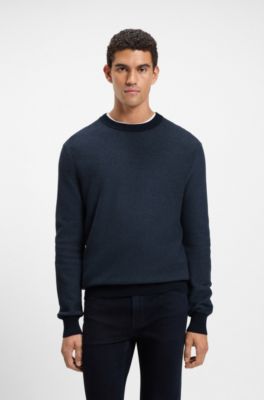 Pull en coton m&eacute;lang&eacute; &agrave; la structure bicolore, Bleu fonc&eacute;
