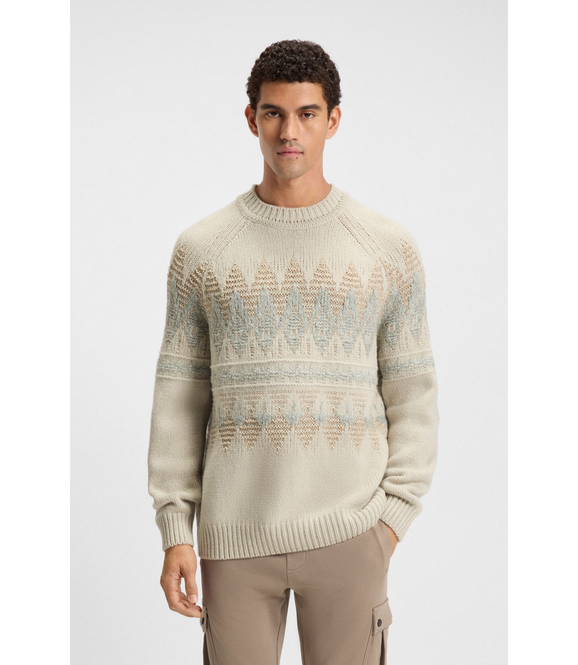 BOSS - Relaxed-fit sweater with knitted pattern - Light Beige