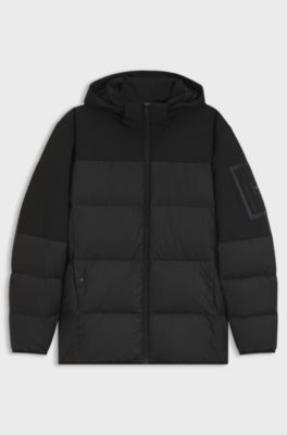 Water-repellent jacket with down filling and detachable hood, Black