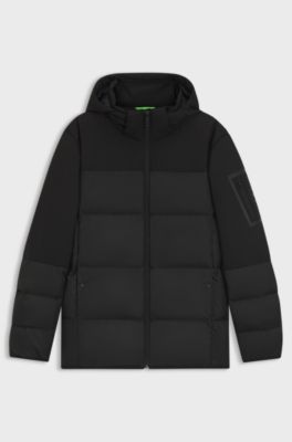 Water-repellent jacket with down filling and detachable hood, Black
