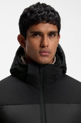 Water-repellent jacket with down filling and detachable hood, Black