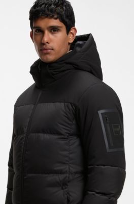 Water-repellent jacket with down filling and detachable hood, Black