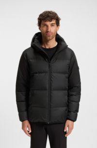 Water-repellent jacket with down filling and detachable hood, Black