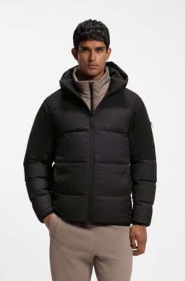 Water-repellent jacket with down filling and detachable hood