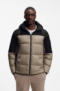 Water-repellent jacket with down filling and detachable hood, Light Brown
