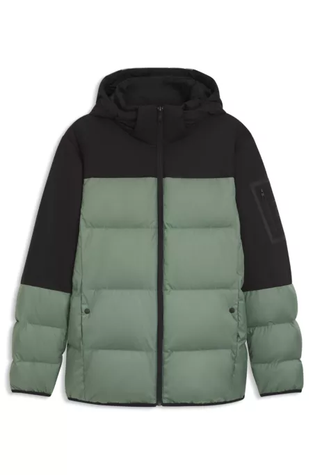 Water-repellent jacket with down filling and detachable hood