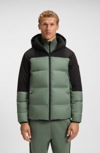 Water-repellent jacket with down filling and detachable hood, Light Green