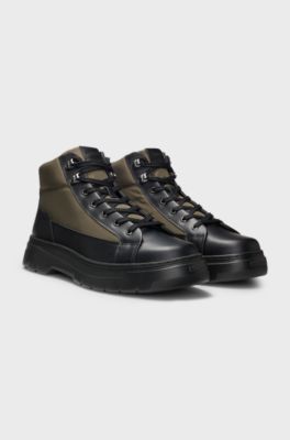 Hiking-style boots with leather and fabric uppers, Black