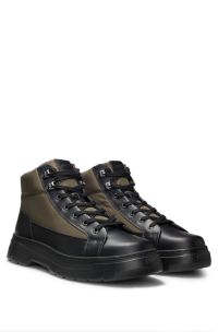 Hiking-style boots with leather and fabric uppers, Black