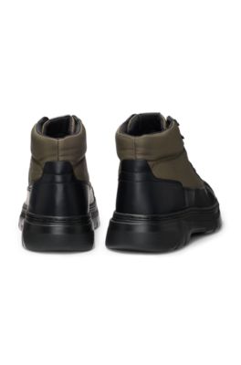 Hiking-style boots with leather and fabric uppers, Black