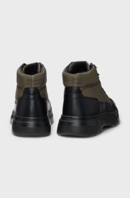 Hiking-style boots with leather and fabric uppers, Black