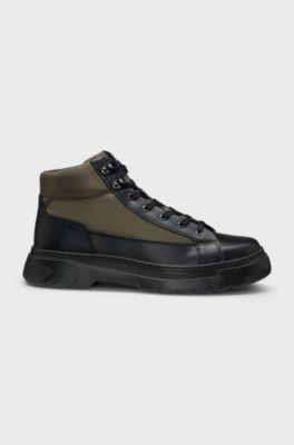 Hiking-style boots with leather and fabric uppers, Black