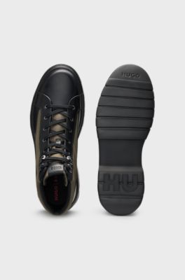 Botas estilo caminhada com parte superior em pele e tecido, Black