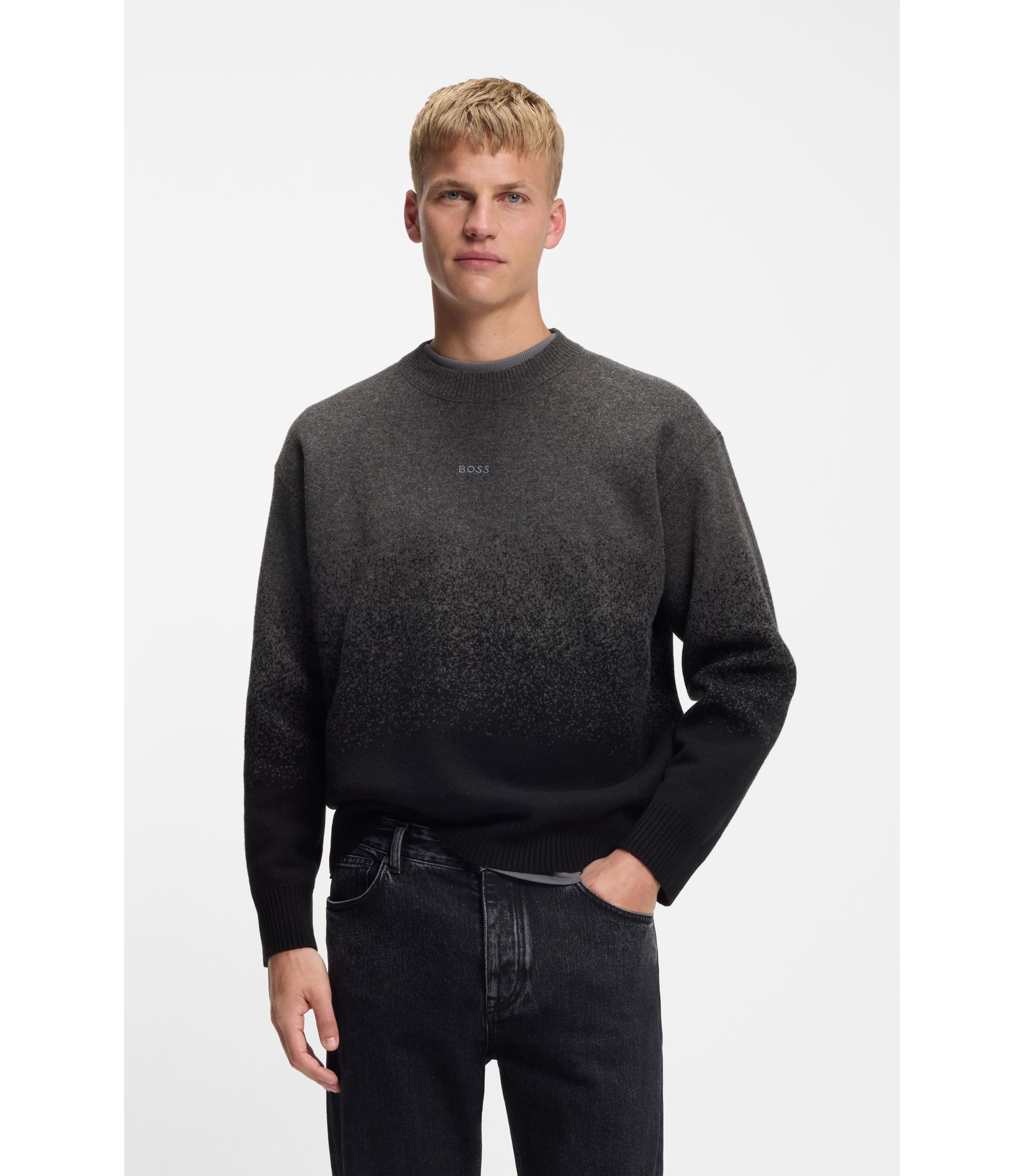 BOSS バージンウールブレンド グラフィックジャカード セーター S 極美品 BOSS - ウールブレンドセーター グラデーションパターン - ブラック