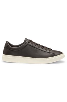 Grained-leather trainers with rubber sole, Dark Brown