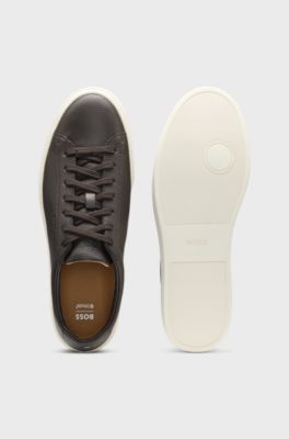 Grained-leather trainers with rubber sole, Dark Brown