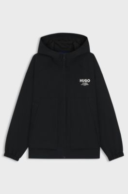 Water-repellent hooded jacket with logo prints, Black