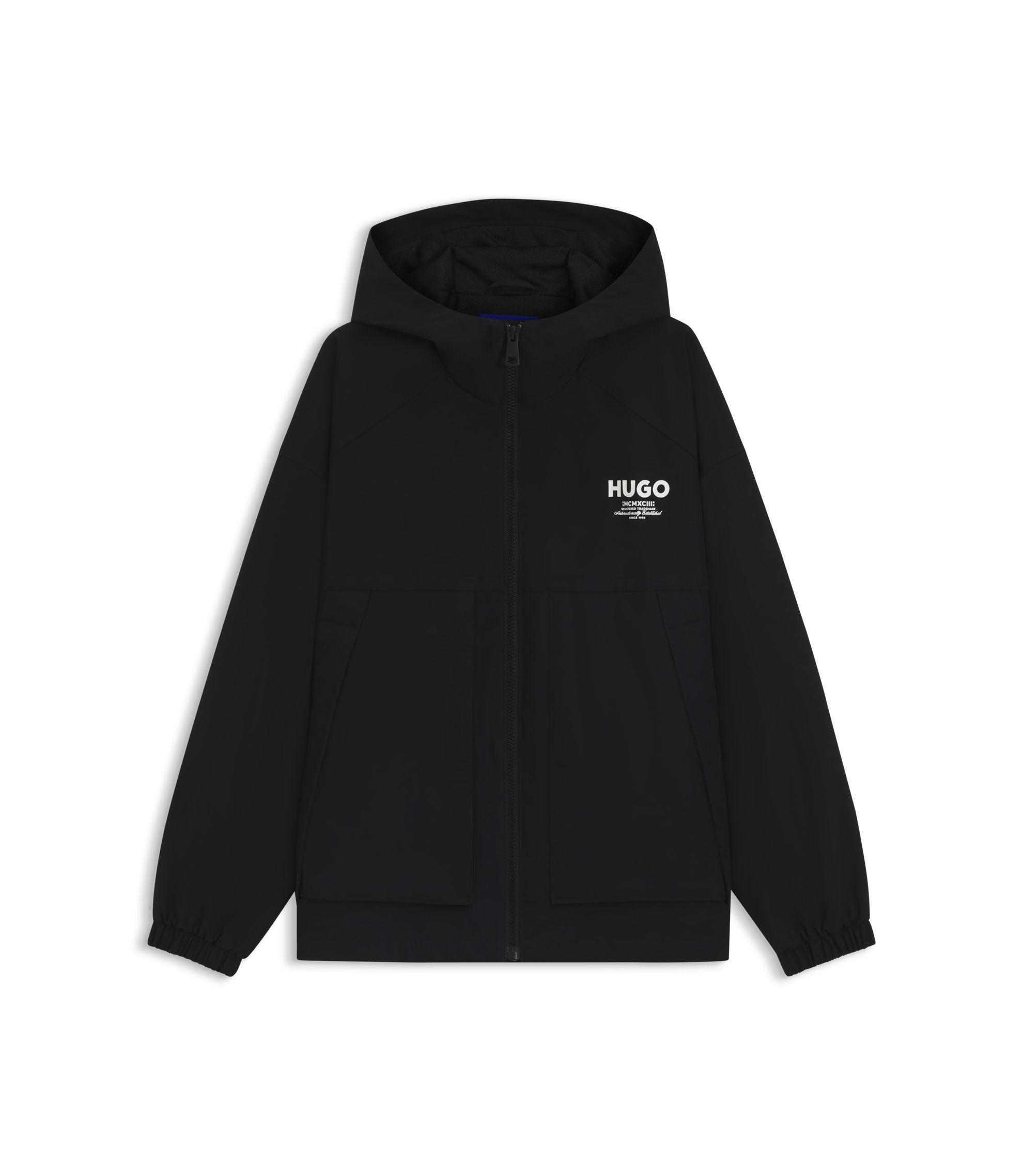 HUGO - Water-repellent hooded jacket with logo prints - Black