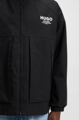 Water-repellent hooded jacket with logo prints, Black