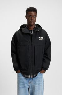 Water-repellent hooded jacket with logo prints, Black