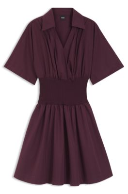 Short-sleeved dress in cotton with point collar, Dark Red