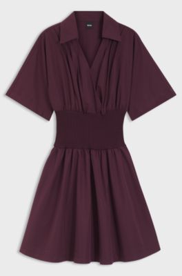 Short-sleeved dress in cotton with point collar, Dark Red