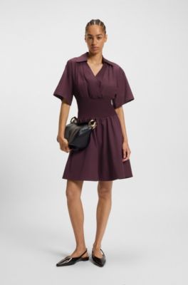 Short-sleeved dress in cotton with point collar, Dark Red