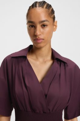 Short-sleeved dress in cotton with point collar, Dark Red