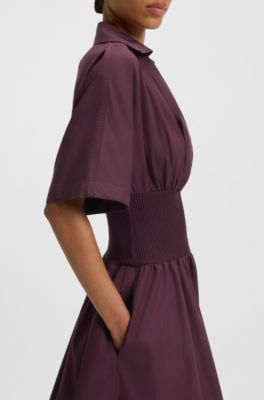 Short-sleeved dress in cotton with point collar, Dark Red