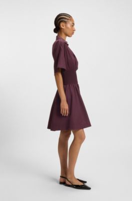 Short-sleeved dress in cotton with point collar, Dark Red