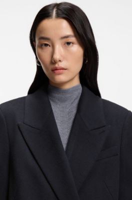 Regular-fit long-length coat in cashmere, Dark Blue