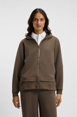 Zip-up hoodie in mixed materials, Brown