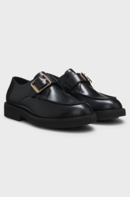 Leather monk shoes with buckled strap, Black