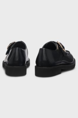Leather monk shoes with buckled strap, Black