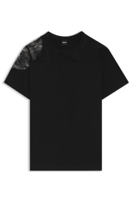 Relaxed-fit T-shirt in mercerised cotton with lace inserts, Black