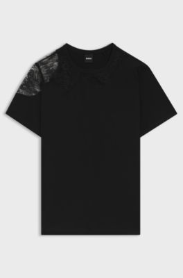 Relaxed-fit T-shirt in mercerised cotton with lace inserts, Black