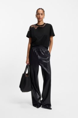 Relaxed-fit T-shirt in mercerised cotton with lace inserts, Black