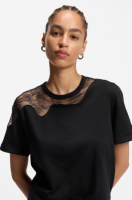 Relaxed-fit T-shirt in mercerised cotton with lace inserts, Black