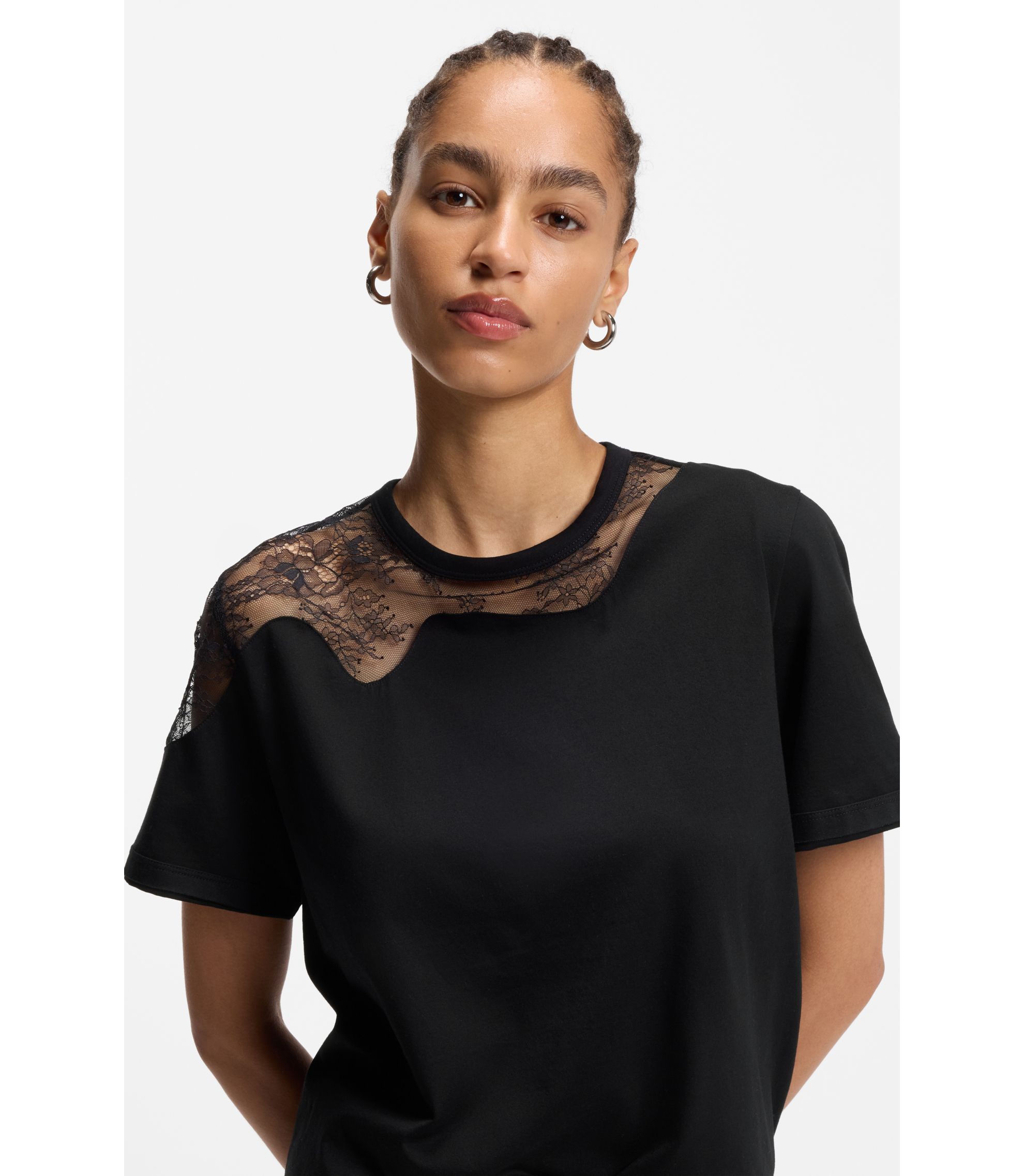BOSS テニス シャツ Lサイズ 黒 BOSS - Relaxed-fit T-shirt in mercerised cotton with lace inserts