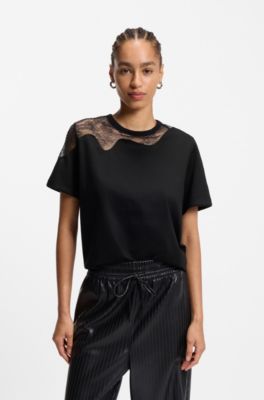 Relaxed-fit T-shirt in mercerised cotton with lace inserts, Black