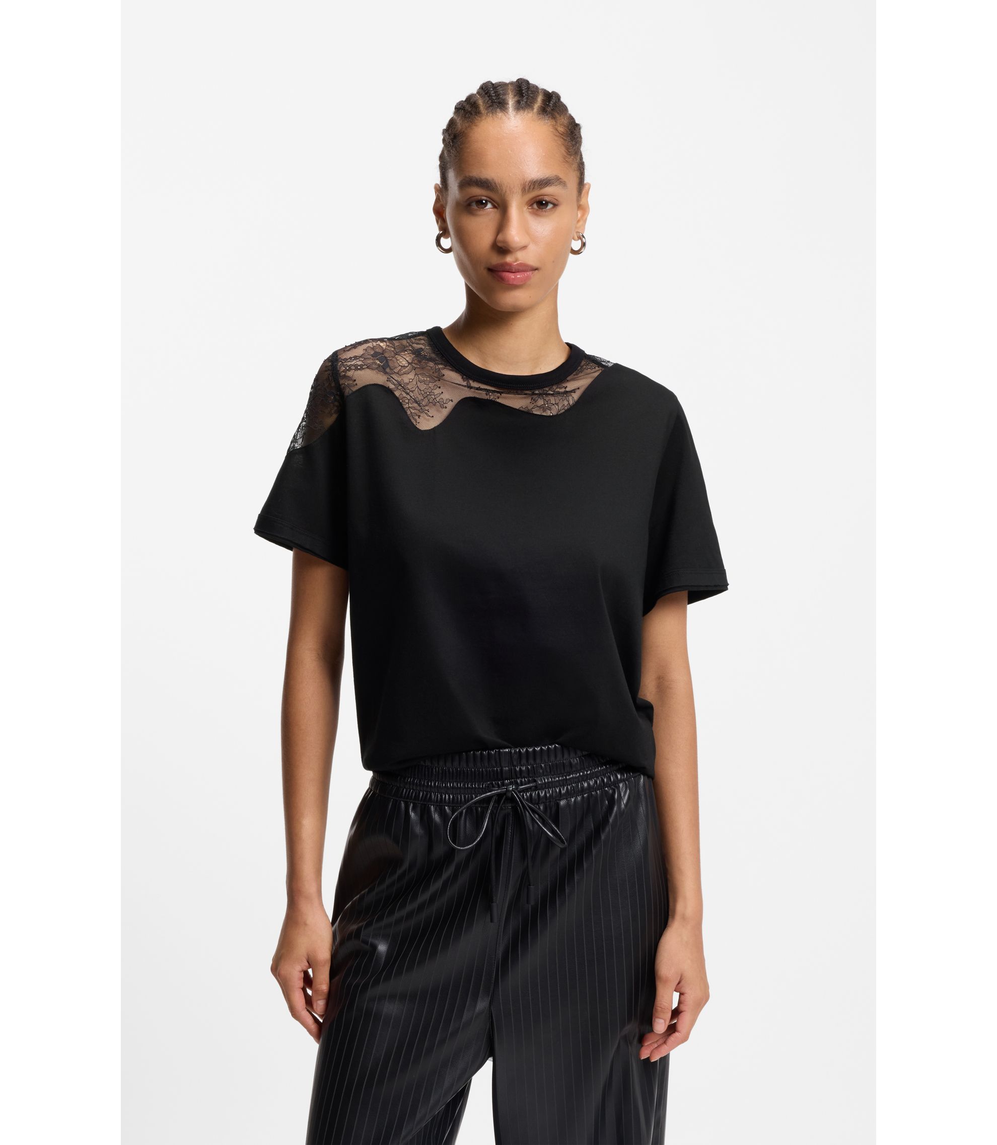 BOSS - Relaxed-fit T-shirt in mercerised cotton with lace inserts
