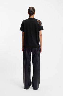 Relaxed-fit T-shirt in mercerised cotton with lace inserts, Black