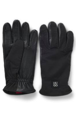 Hybrid gloves in nylon and leather, Black