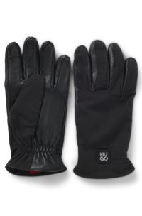 Hybrid gloves in nylon and leather, Schwarz