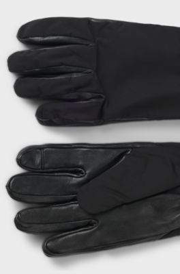 Hybrid gloves in nylon and leather, Black