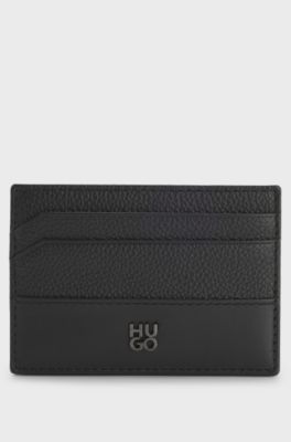 Leather card holder with stacked-logo trim, Black